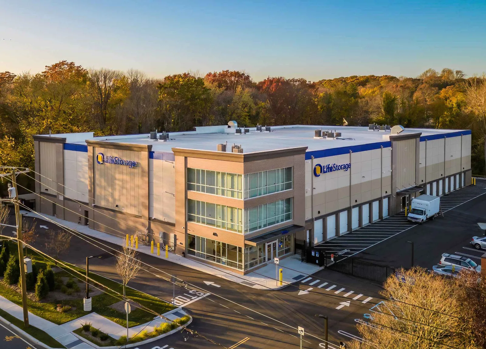 Aerial view of Life Storage facility and loading bays in Glen Head, New York, commercial real estate photography, by OpenDoors360