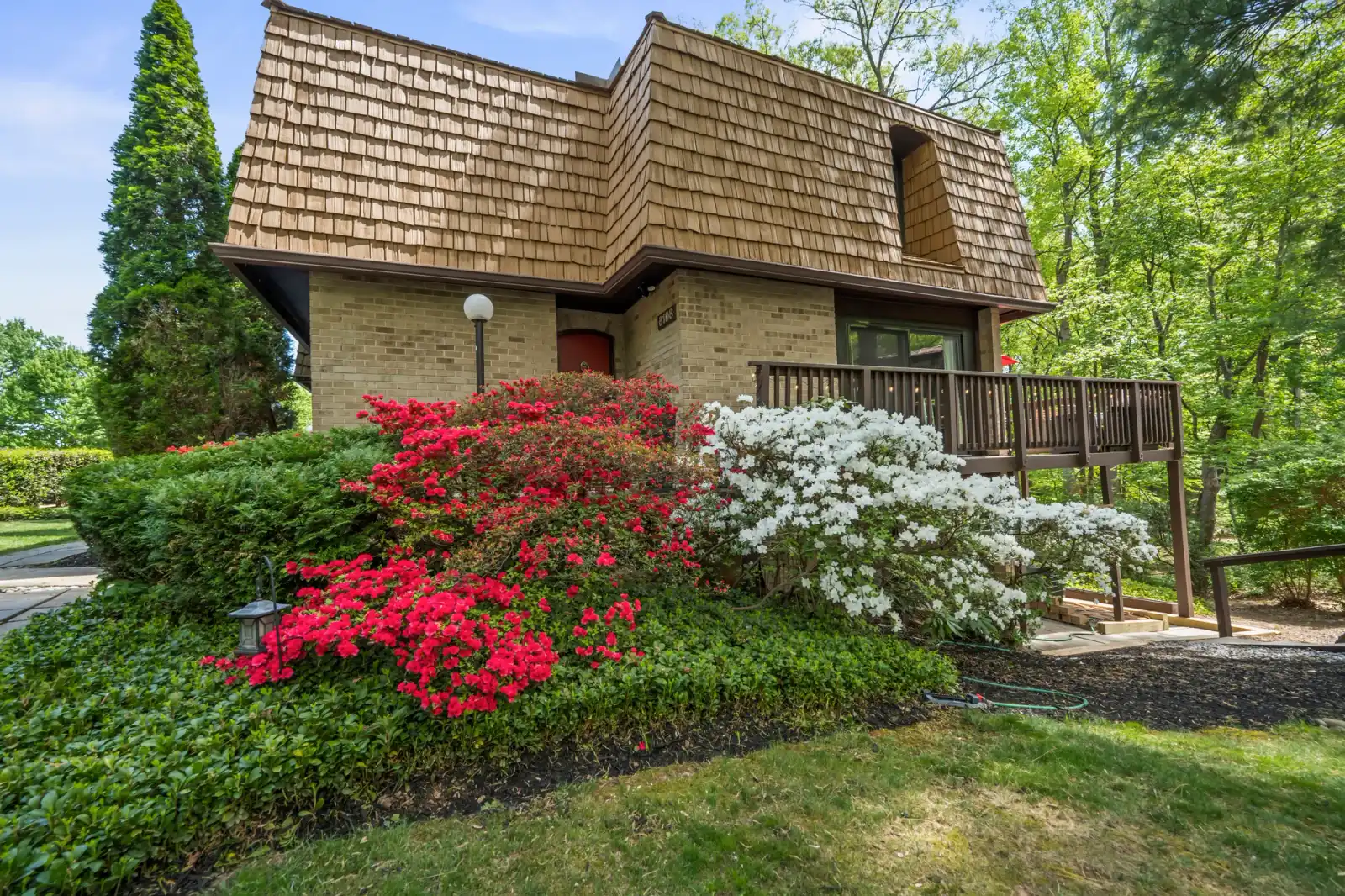 Cedar-shake home exterior with blooming red and white azaleas in Northern Virginia, by OpenDoors360