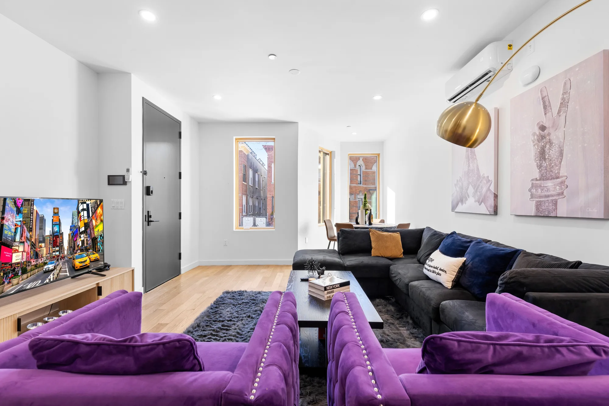Bright living room with city light for a real estate video listing in Brooklyn, New York