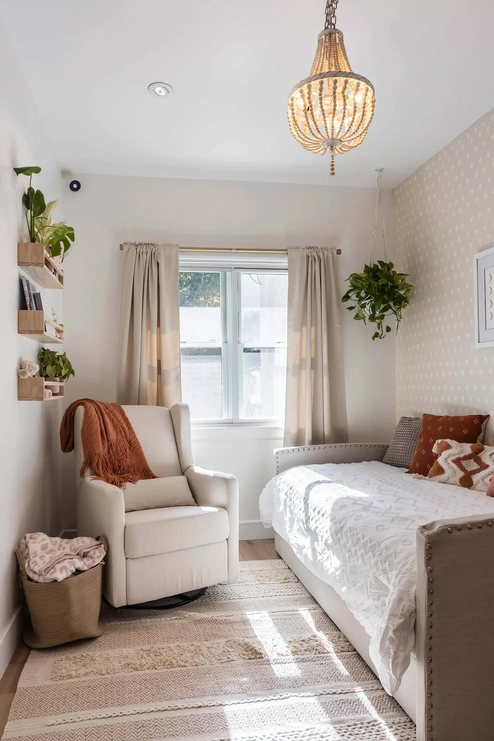 Sunlit bedroom styled for a short-term rental video walkthrough in New York City