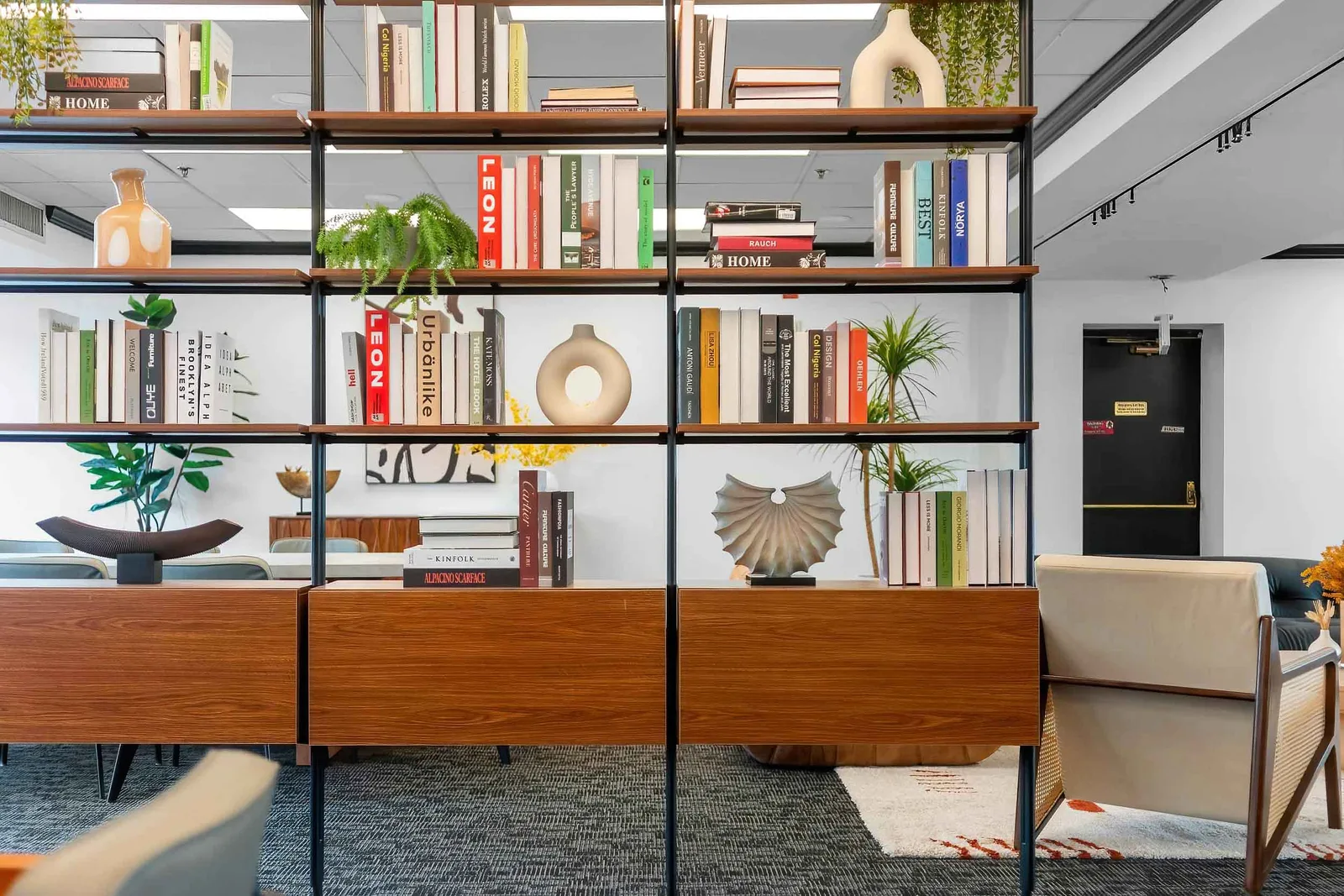 Styled bookshelf detail shot for a Brooklyn real estate photography listing, the kind of pictures that hold attention online