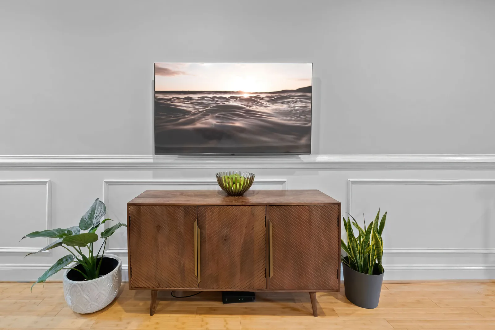 Styled living room media console detail captured for a Baltimore real estate listing by OpenDoors360
