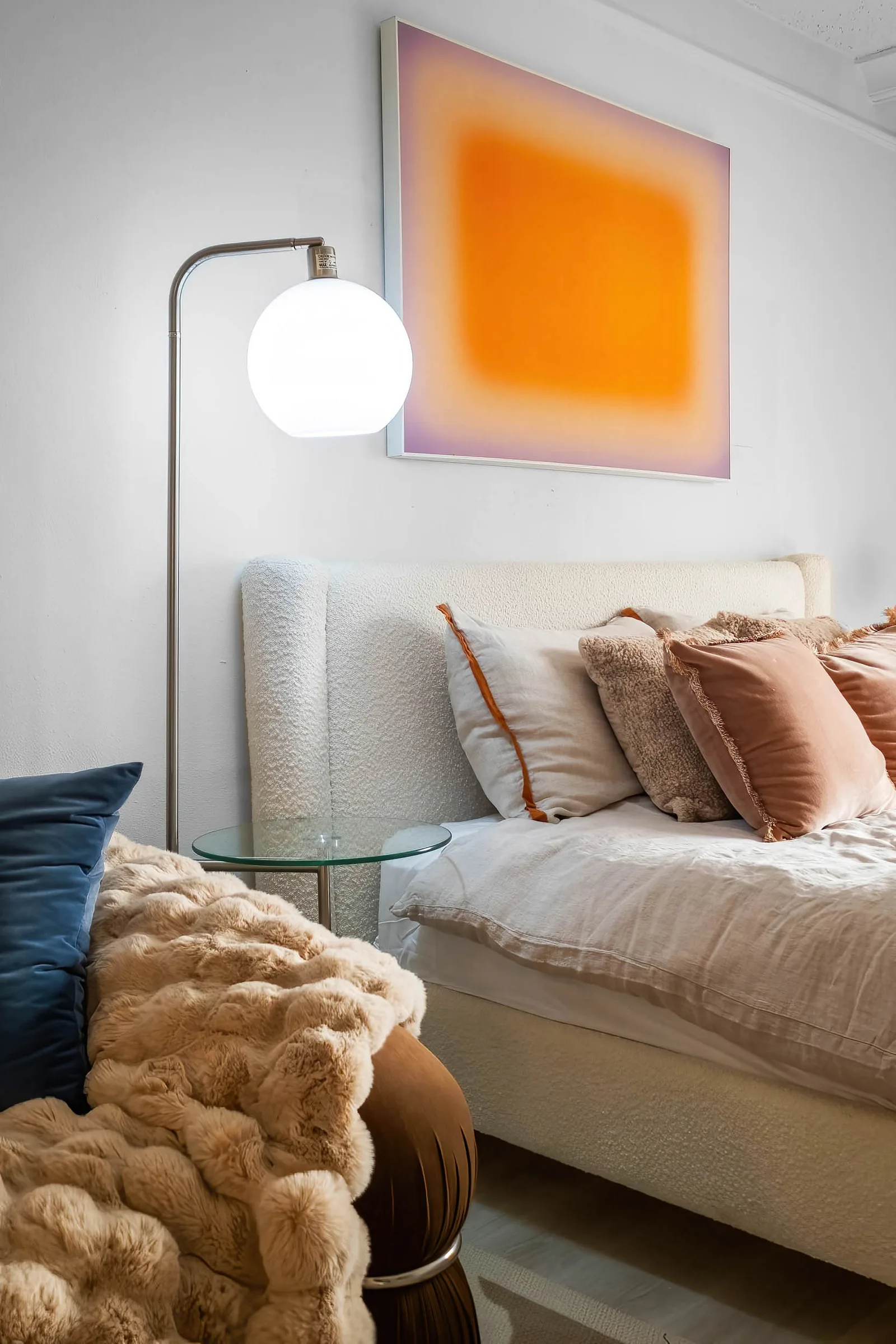 Warm bedroom detail captured with HDR real estate photography, balanced ambient light and a soft final image for a New York City listing