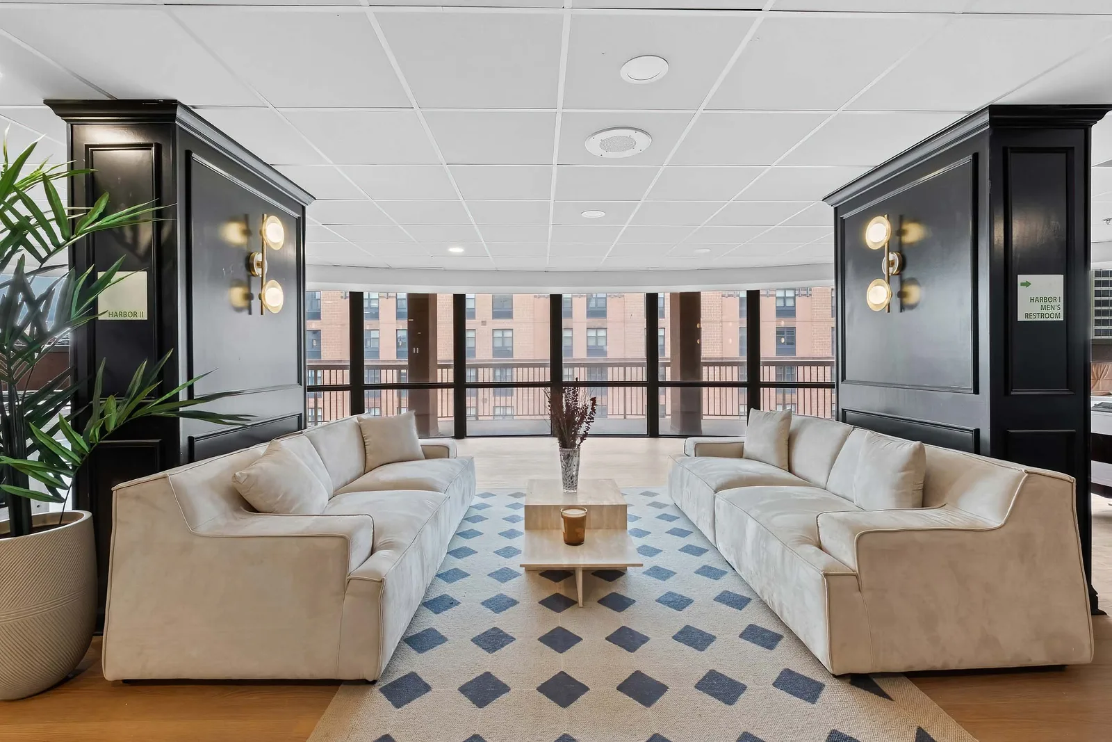 Building lounge and common area, commercial real estate photography for a New York City residential building amenity space