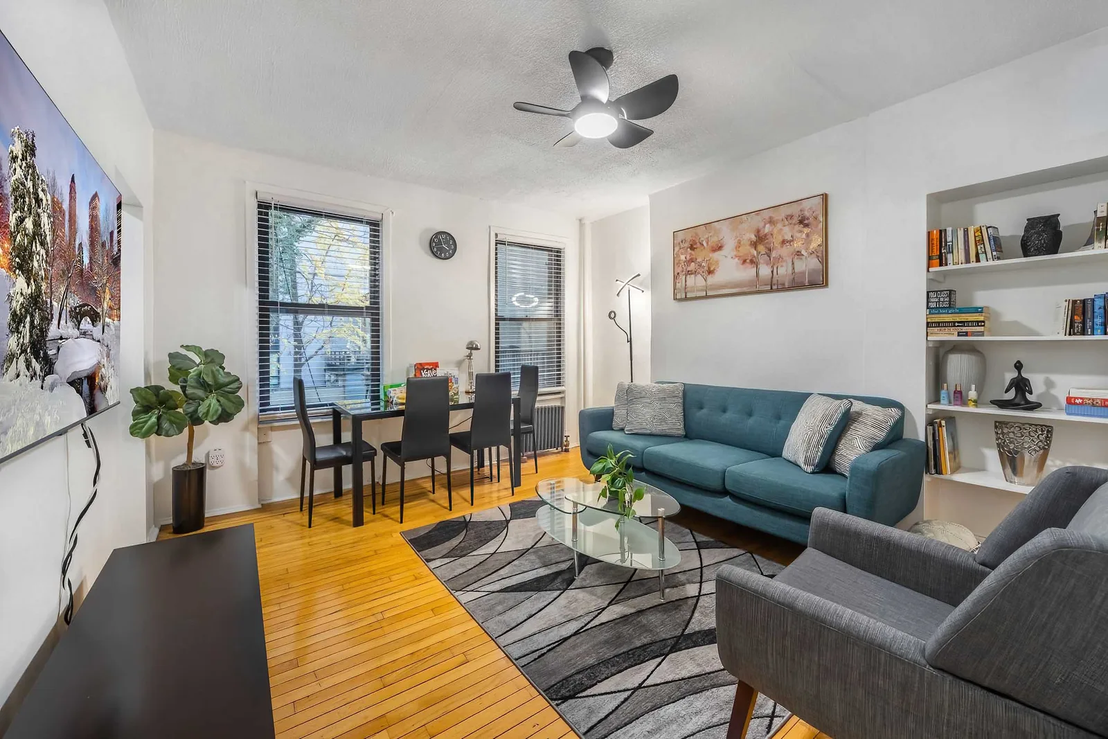 Furnished apartment living and dining area filmed for a listing video in New York City