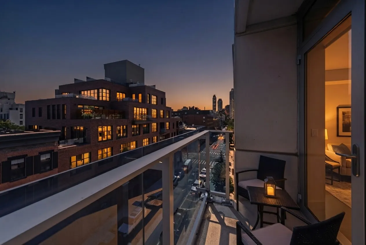 Apartment balcony at dusk with a lit bedroom behind glass doors and city windows glowing across the street, twilight photography by OpenDoors360